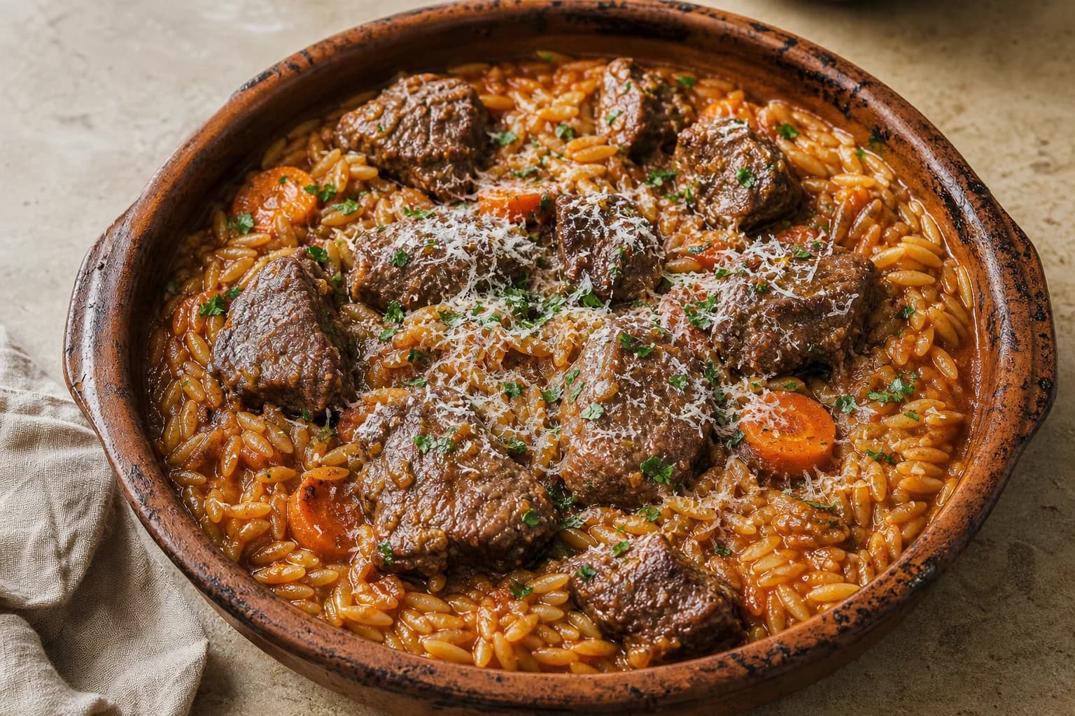 Greek beef youvetsi with fork-tender chuck and glossy tomato-braised orzo finished with kefalotyri and parsley.