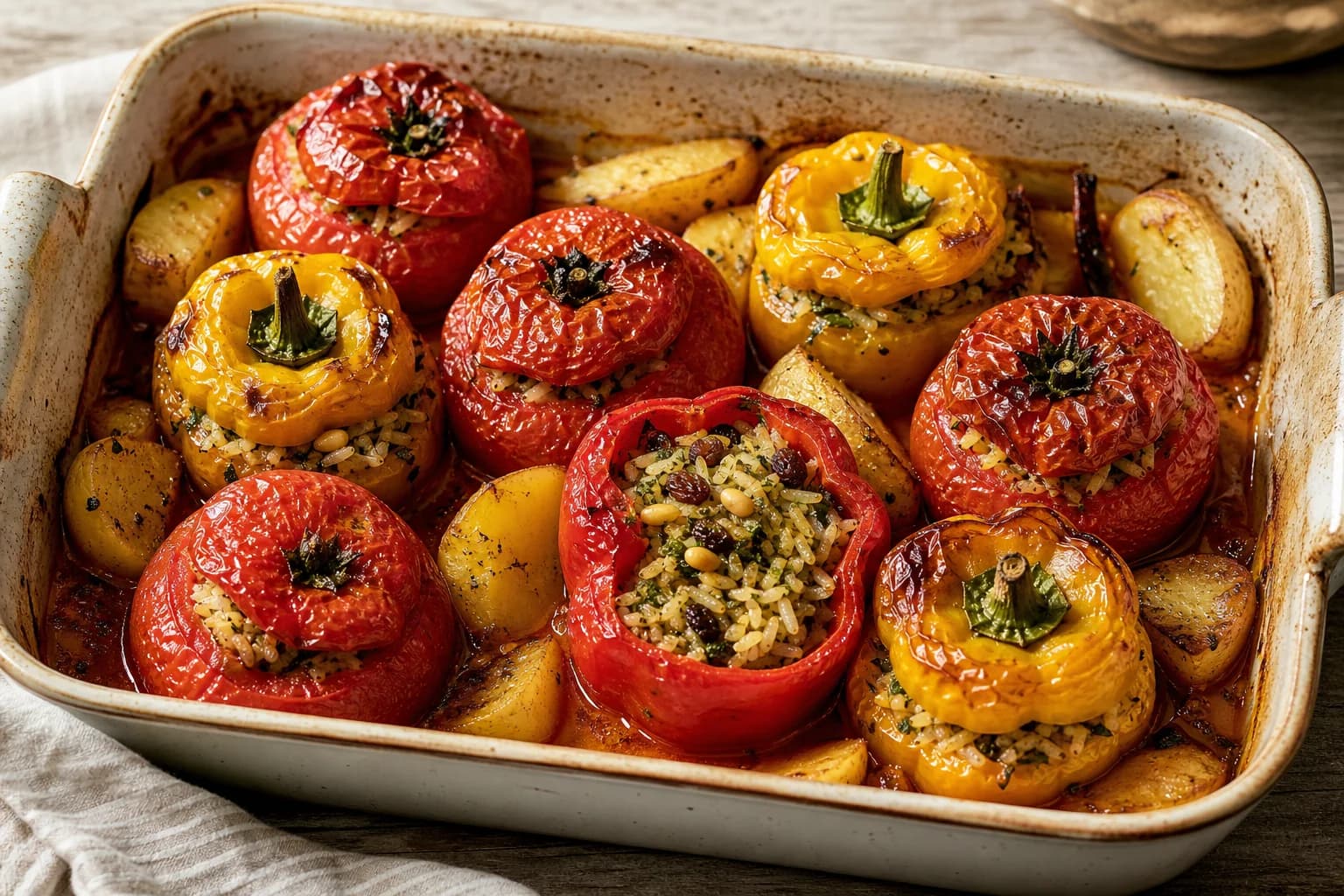 Greek gemista with slumped roasted tomatoes and peppers filled with herbed rice, pine nuts, and raisins among browned lemon potatoes.