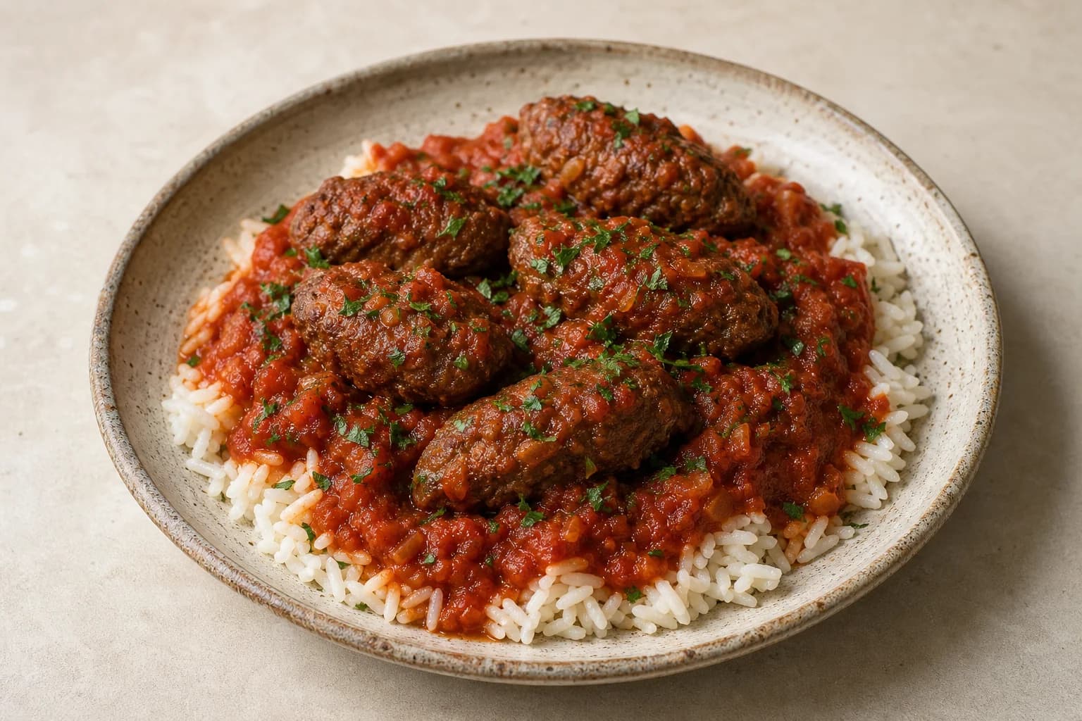 Smyrna-style soutzoukakia with oblong cumin beef meatballs in thick cinnamon tomato sauce over white rice and parsley.