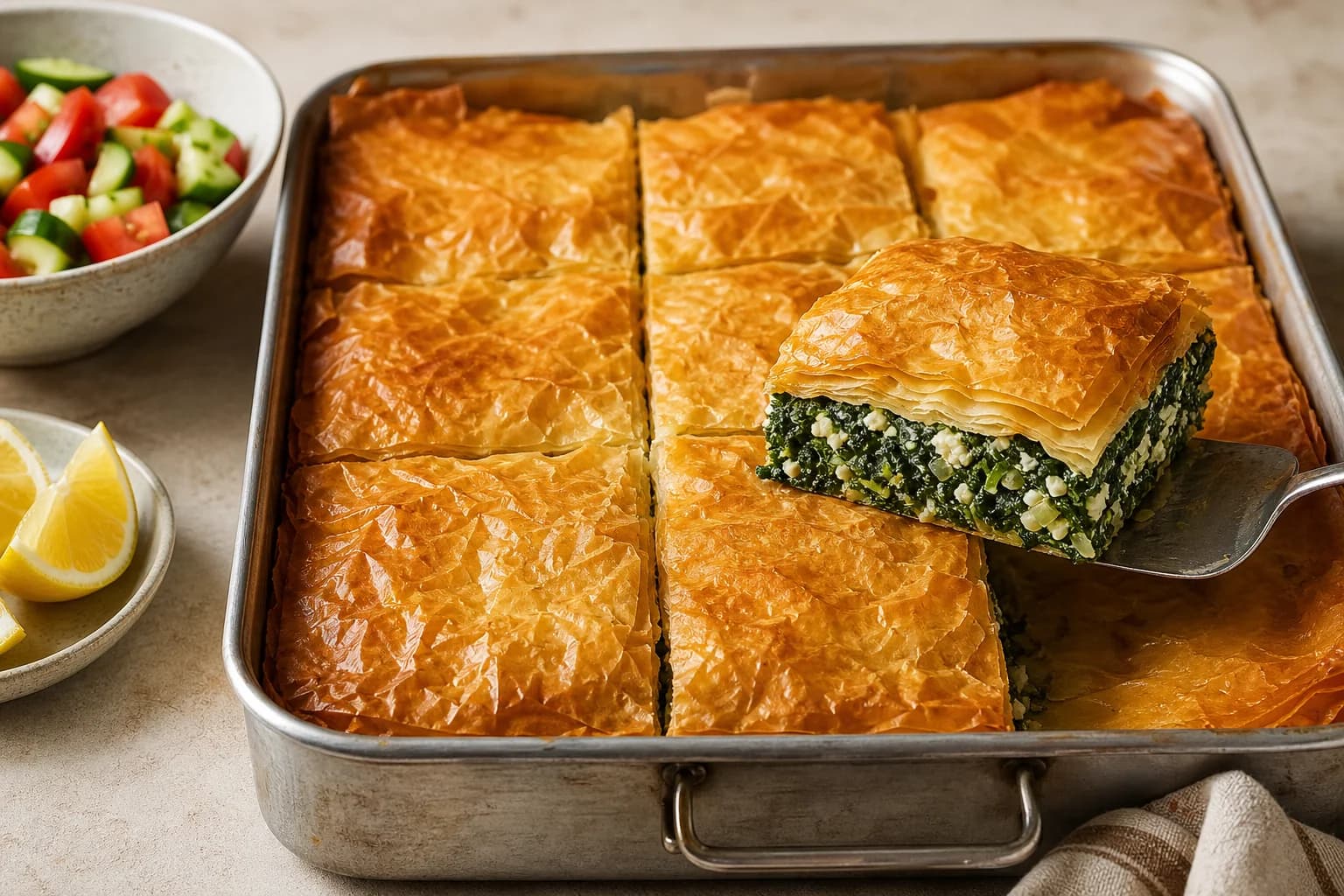 Greek spanakopita dinner pie with deeply golden flaky phyllo and a dry spinach, feta, herb, and leek filling cut into squares.