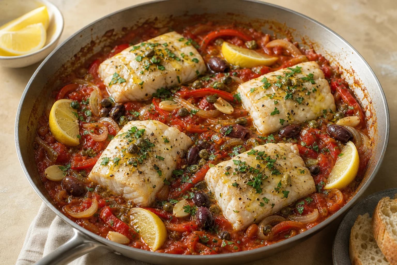 Greek psari plaki with white fish fillets baked in concentrated tomato, onion, pepper, olive, and caper sauce with lemon and parsley.