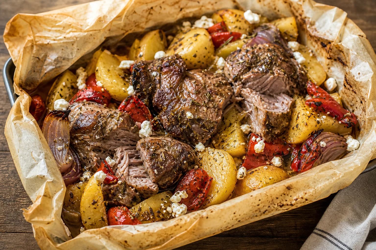 Greek lamb kleftiko with browned fork-tender shoulder, lemon-herb potatoes, onion, pepper, feta, and concentrated juices in opened parchment.