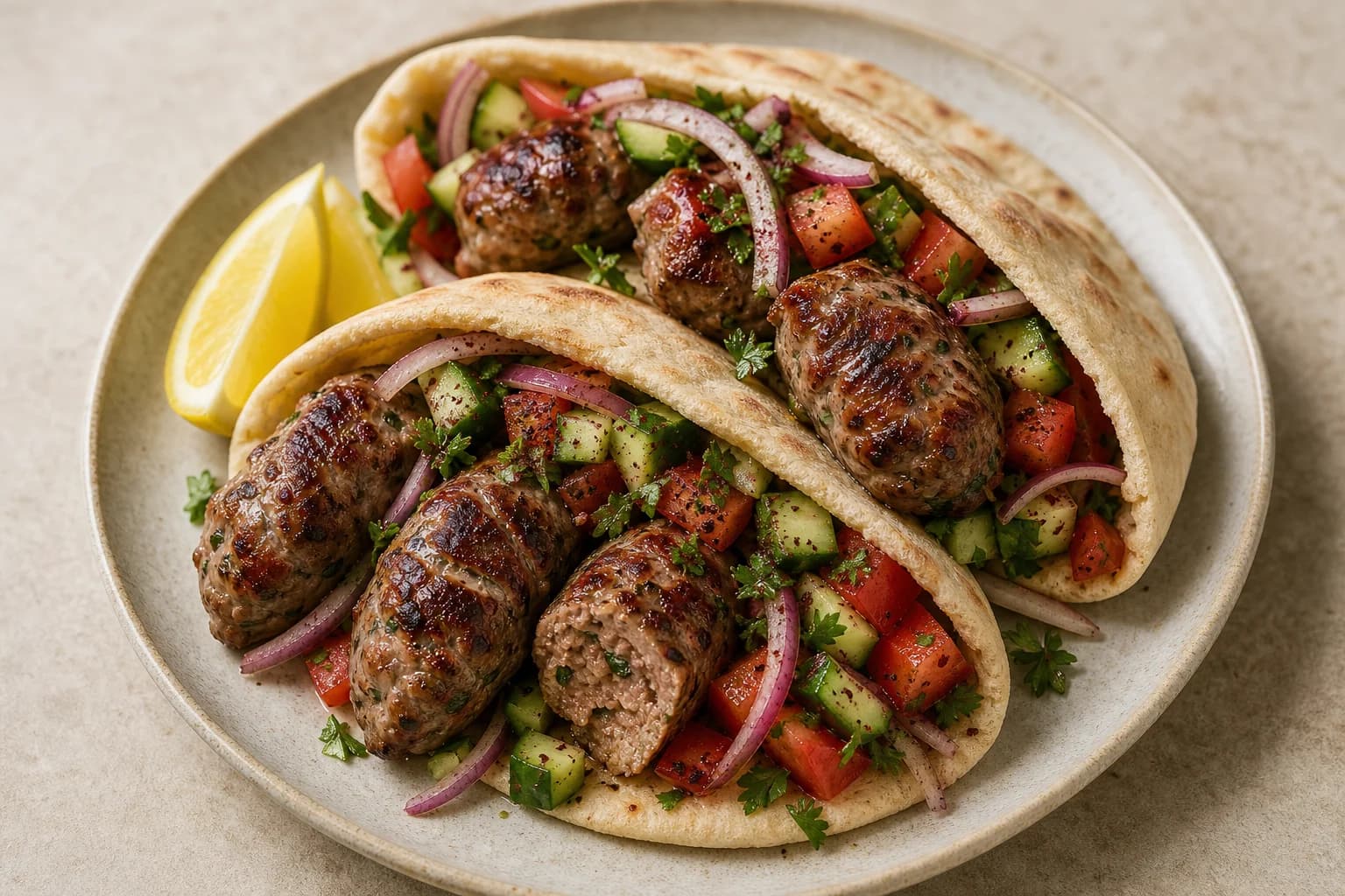 Cypriot sheftalia in warm pita with browned caul-wrapped pork-lamb sausages, tomato, cucumber, onion, parsley, sumac, and lemon.