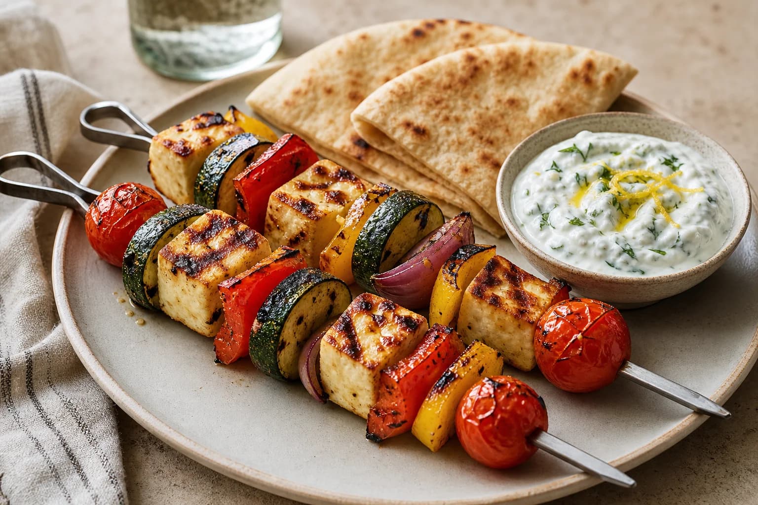 Cypriot halloumi and vegetable skewers with golden cheese, charred zucchini, peppers, onion, and tomatoes beside pita and lemon-mint yogurt.