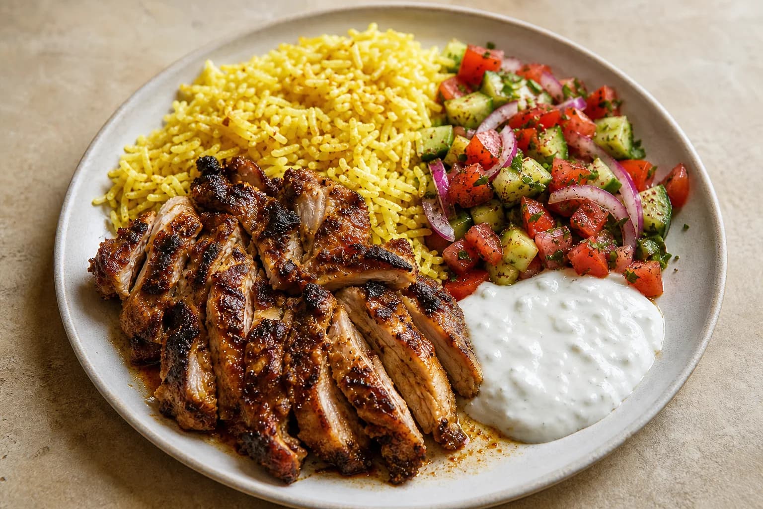 Home-style chicken shawarma rice plate with charred sliced thighs, turmeric rice, tomato-cucumber salad, sumac onion, and garlic yogurt.