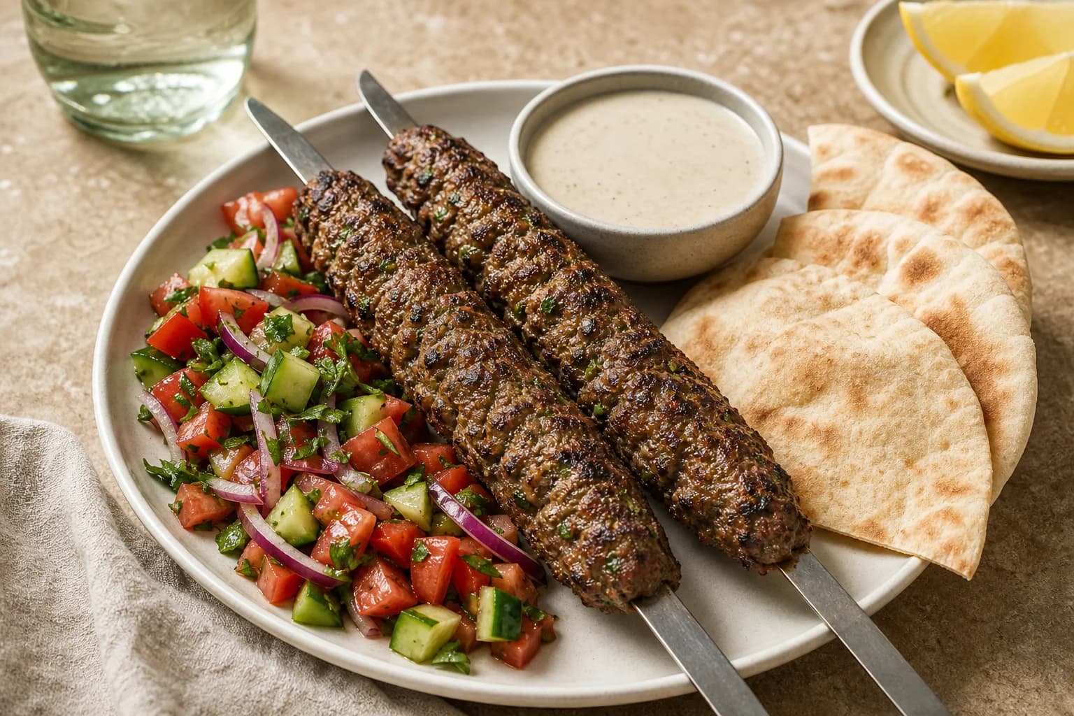 Levantine beef kofta skewers with browned parsley-spiced meat, lemon tahini, tomato-cucumber salad, red onion, and warm pita.
