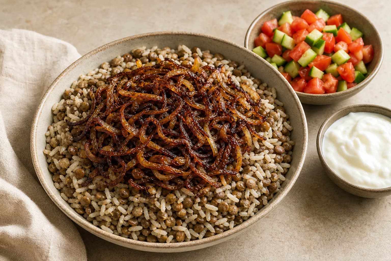Lebanese mujadara with intact brown lentils and rice beneath abundant mahogany onions, served with tomato-cucumber salad and yogurt.