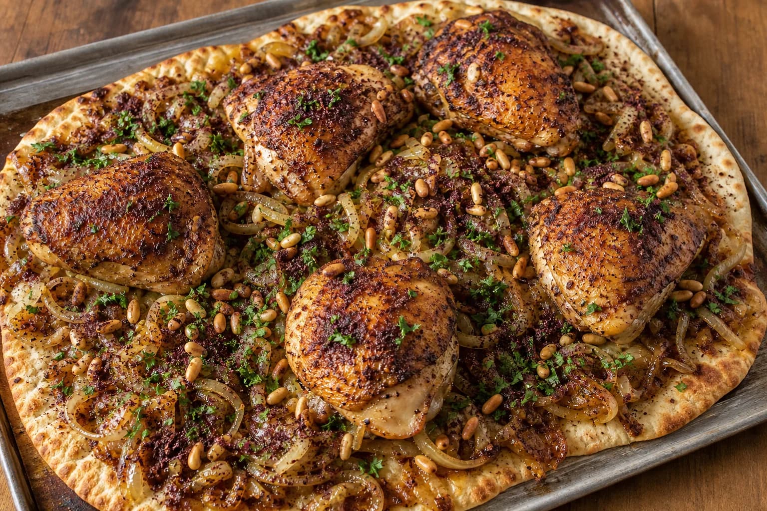 Palestinian musakhan with browned sumac chicken on onion-soaked flatbread, pine nuts, parsley, and extra sumac.
