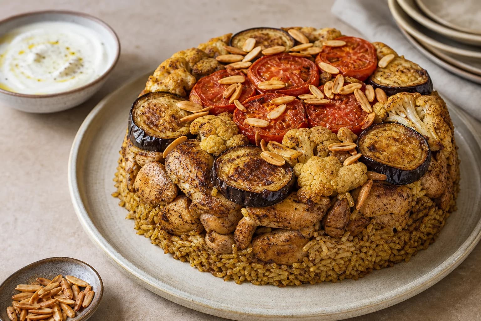 Palestinian maqluba inverted into a freestanding layered mound of spiced rice, chicken, eggplant, cauliflower, and tomato with almonds.