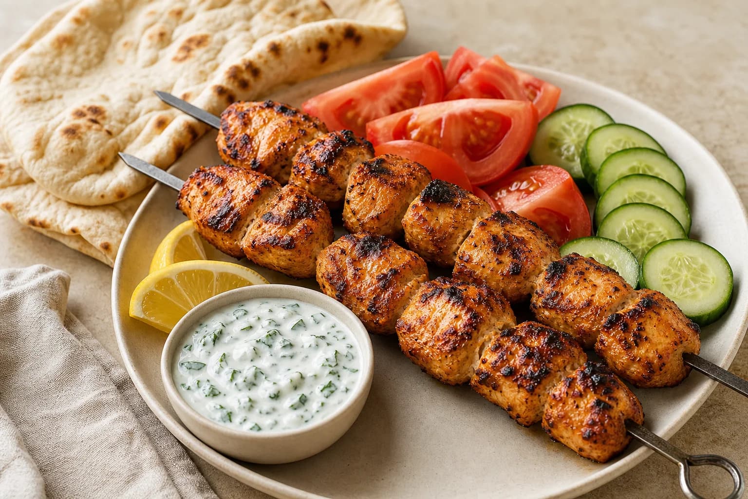 Lebanese shish tawook with lightly charred yogurt-marinated chicken skewers, warm pita, tomato, cucumber, lemon, and mint yogurt.