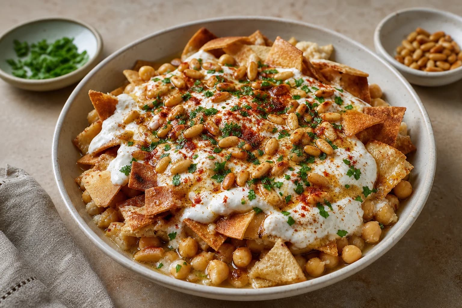 Syrian chickpea fatteh bowls layered with crisp pita, warm chickpeas, tahini yogurt, browned butter, pine nuts, paprika, and parsley.