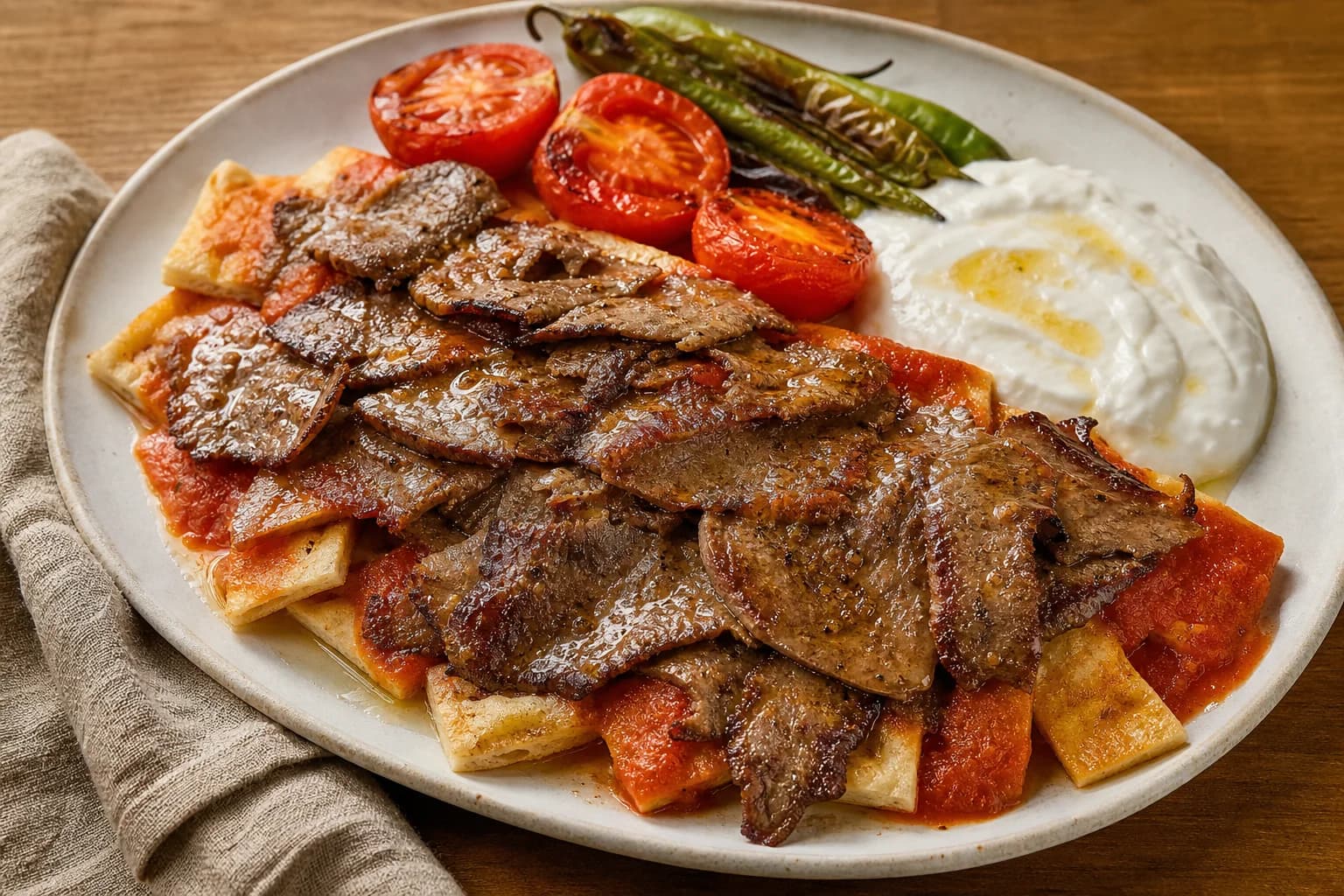Home-style Turkish İskender kebab with crisp shaved beef over toasted pita, warm tomato sauce, cool yogurt, browned butter, and blistered peppers.