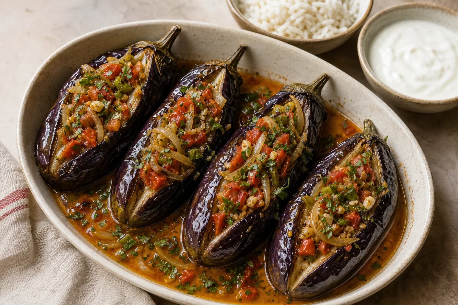 Turkish İmam bayıldı with whole banded eggplants filled with concentrated onion, tomato, garlic, and pepper in olive-oil juices.