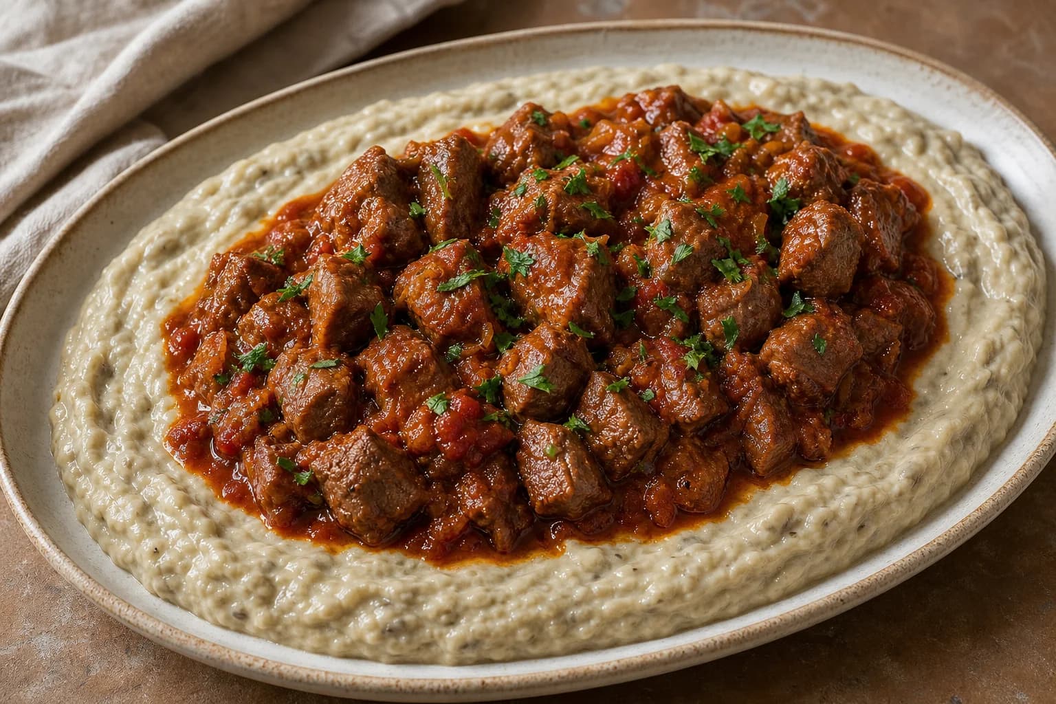 Turkish Hünkar beğendi with fork-tender tomato-braised lamb over silky smoked eggplant and cheese purée with parsley.