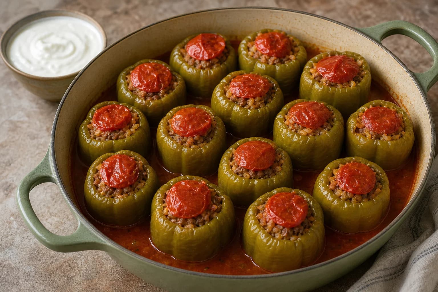 Turkish etli biber dolması with upright green peppers filled with beef, rice, tomato, and herbs, capped with tomato and served with yogurt.