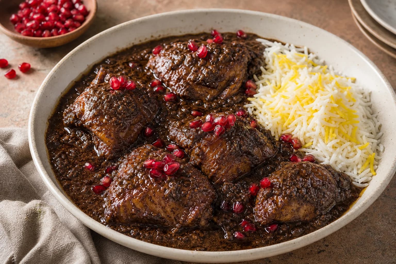 Persian fesenjan with tender chicken thighs in a dark glossy pomegranate-walnut sauce, pomegranate arils, saffron, and basmati rice.