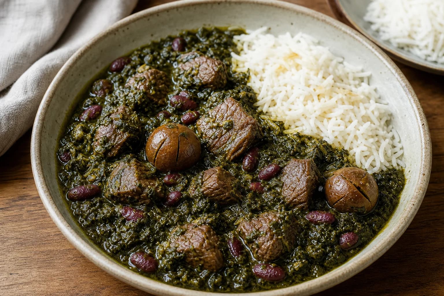 Persian ghormeh sabzi with fork-tender beef, intact kidney beans, dark cooked herbs, and whole dried Persian limes served with rice.