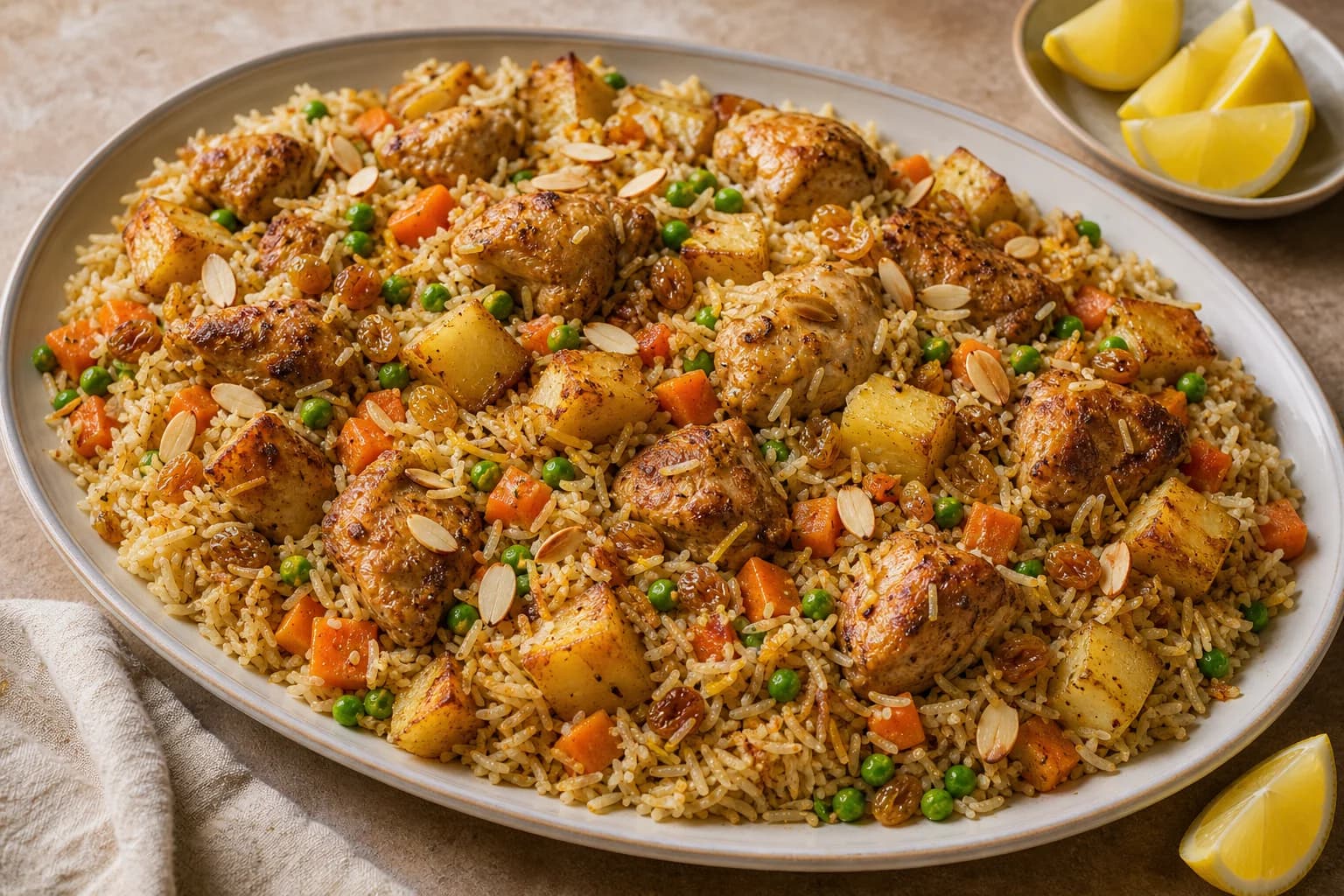 Iraqi chicken biryani with fluffy spiced rice, toasted vermicelli, browned potatoes and carrots, peas, raisins, almonds, and saffron.