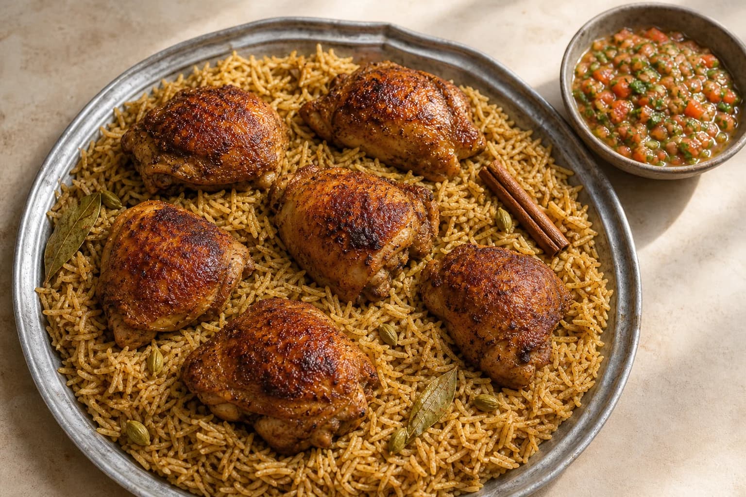 Home-oven Yemeni mandi with browned hawaij chicken thighs over fluffy spiced rice and fresh red-green zahawig alongside.