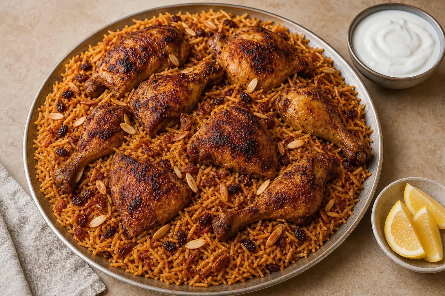 Saudi chicken kabsa with deeply browned chicken over separate tomato-spiced rice, almonds, raisins, lemon, and yogurt.