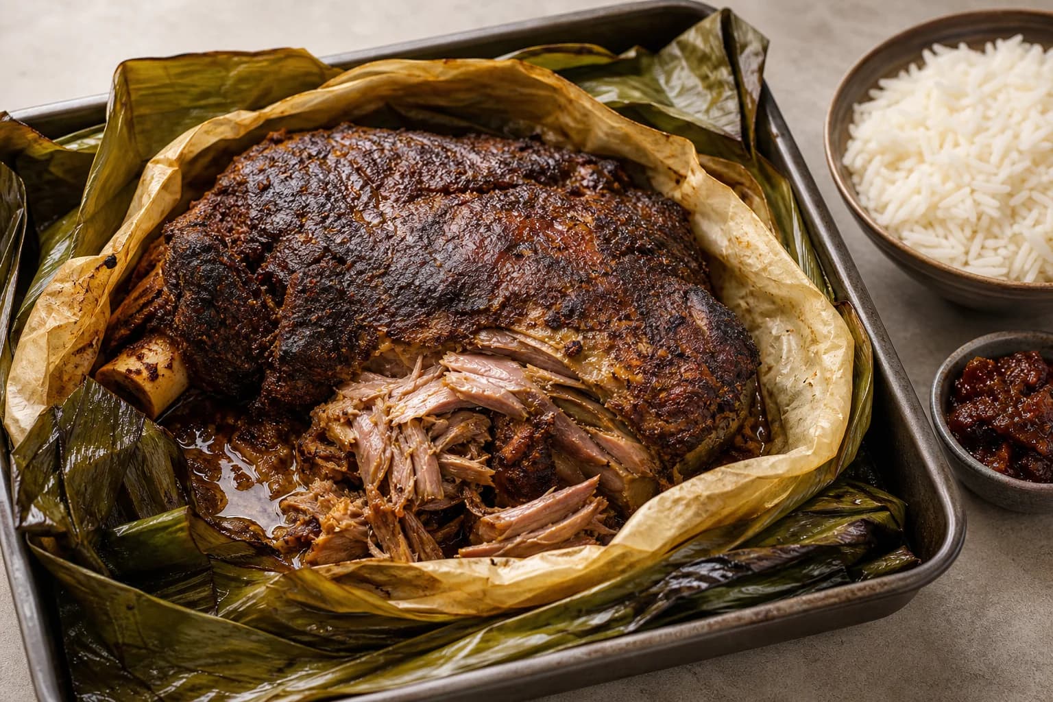 Home-oven Omani shuwa with dark spice-crusted pull-apart lamb shoulder opened from banana leaves over rice with reserved juices.