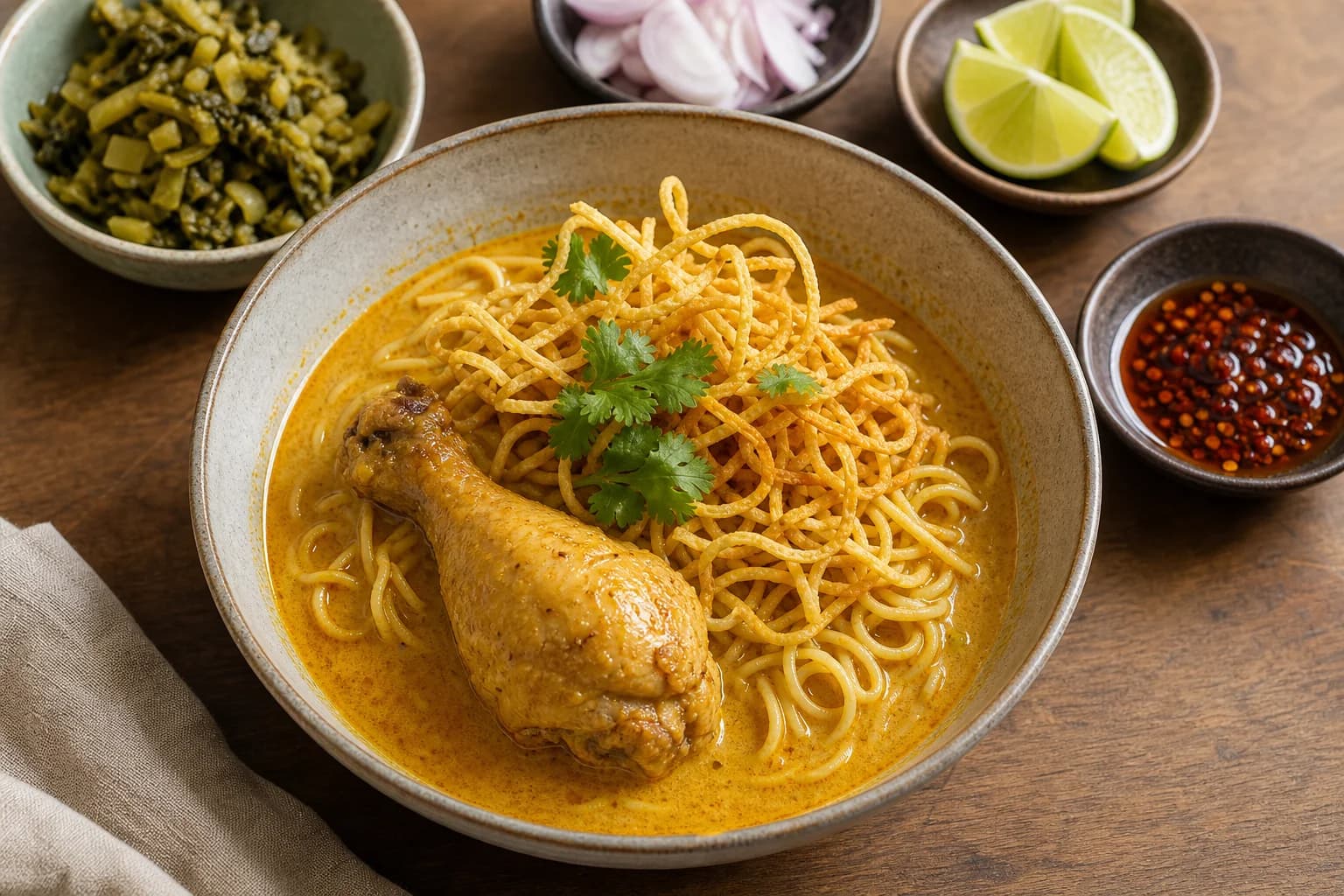 Northern Thai khao soi with a chicken drumstick in coconut curry noodles, crisp noodle crown, mustard greens, shallots, lime, and chile oil.