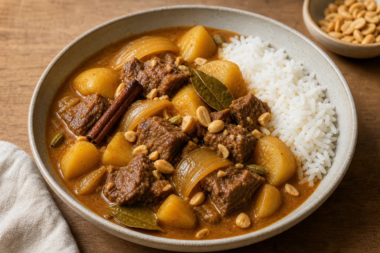 Thai massaman curry with fork-tender beef, intact potatoes and onions, roasted peanuts, and a rich brown coconut sauce over jasmine rice.