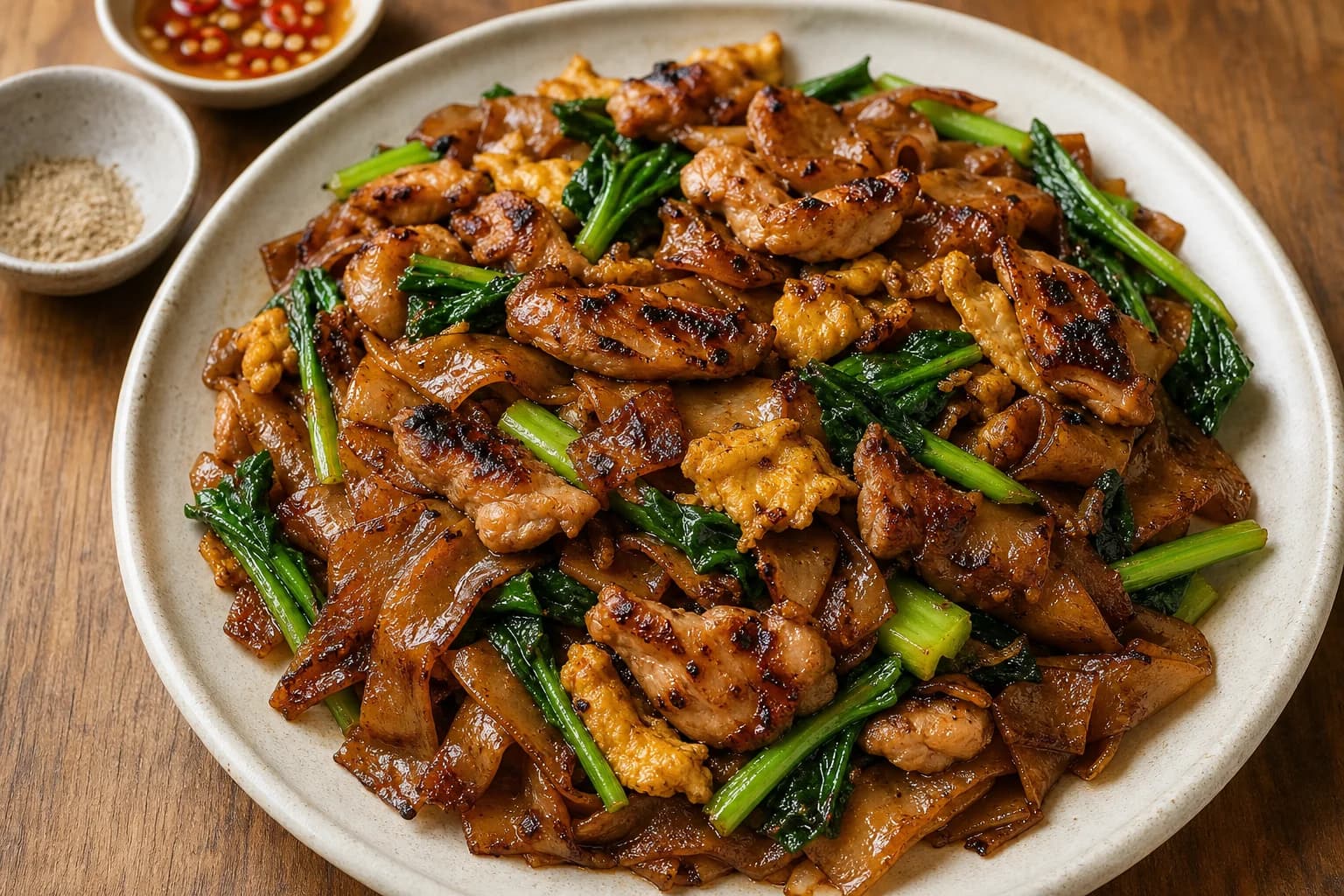 Thai pad see ew with wide soy-glazed rice noodles, browned chicken, Chinese broccoli, egg curds, and charred edges.