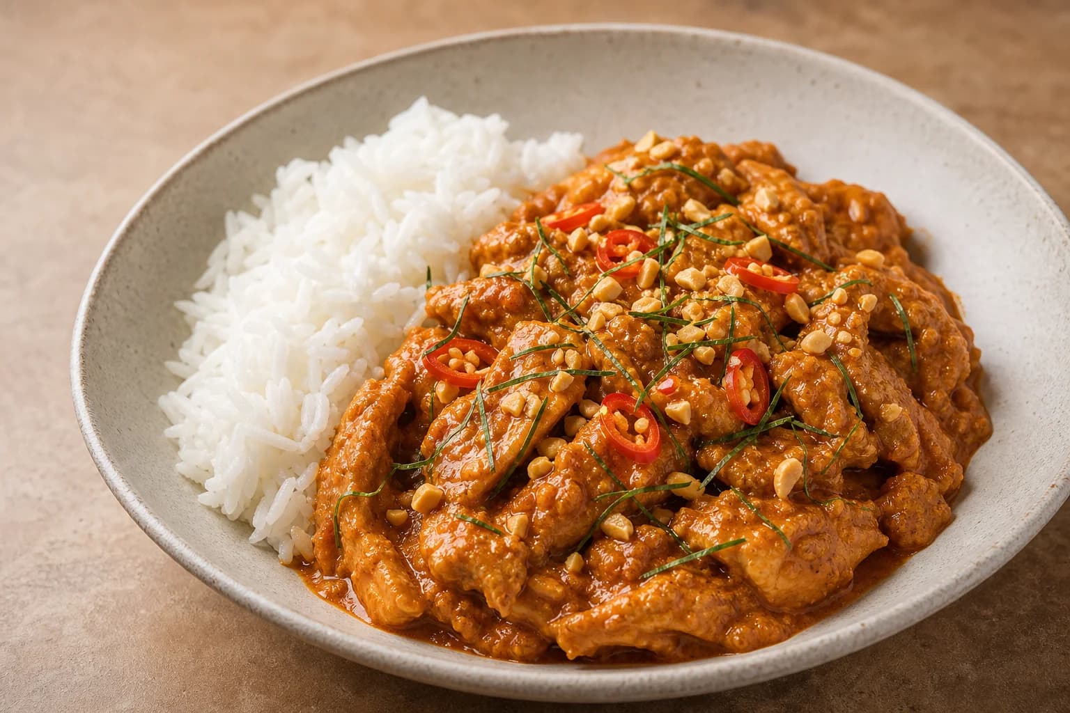 Thai panang chicken with a thick clinging coconut-peanut curry, fine makrut lime threads, chopped peanuts, and sliced red chile.