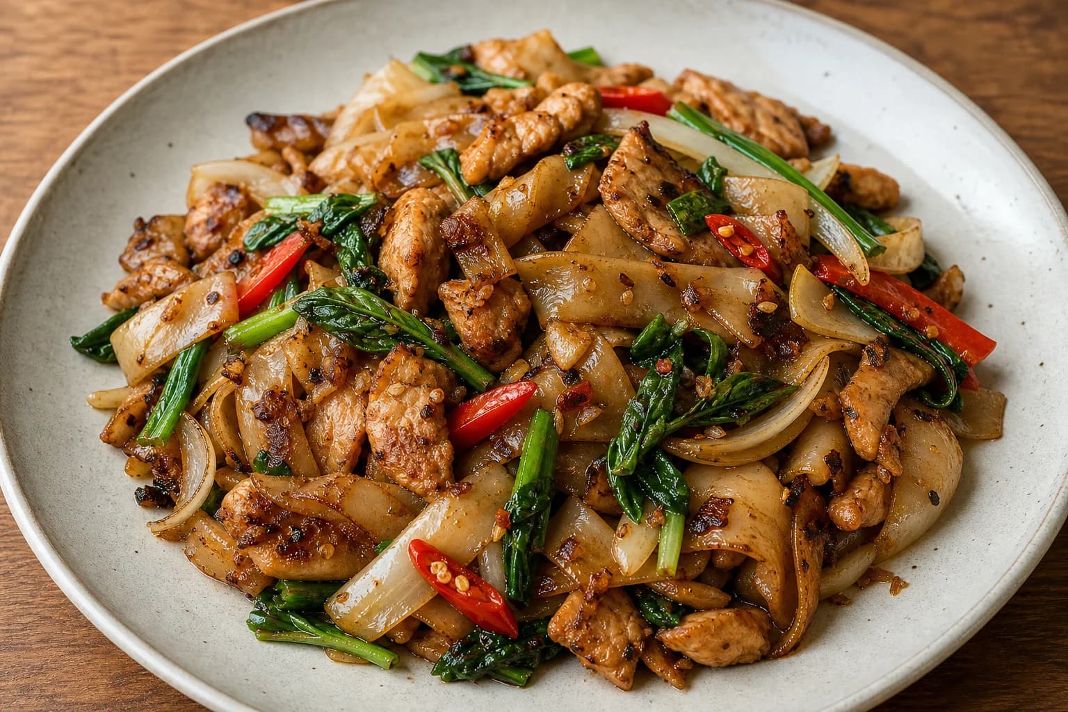 Thai pad kee mao with charred wide rice noodles, browned chicken, crisp vegetables, garlic, chile, and just-wilted holy basil.