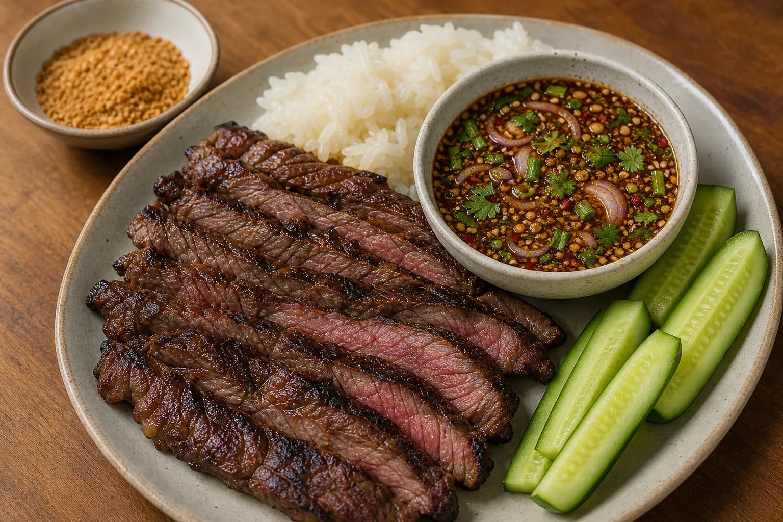 Thai crying tiger beef with dark-crusted sliced steak, toasted-rice nam jim jaew, sticky rice, cucumber, herbs, and chile.