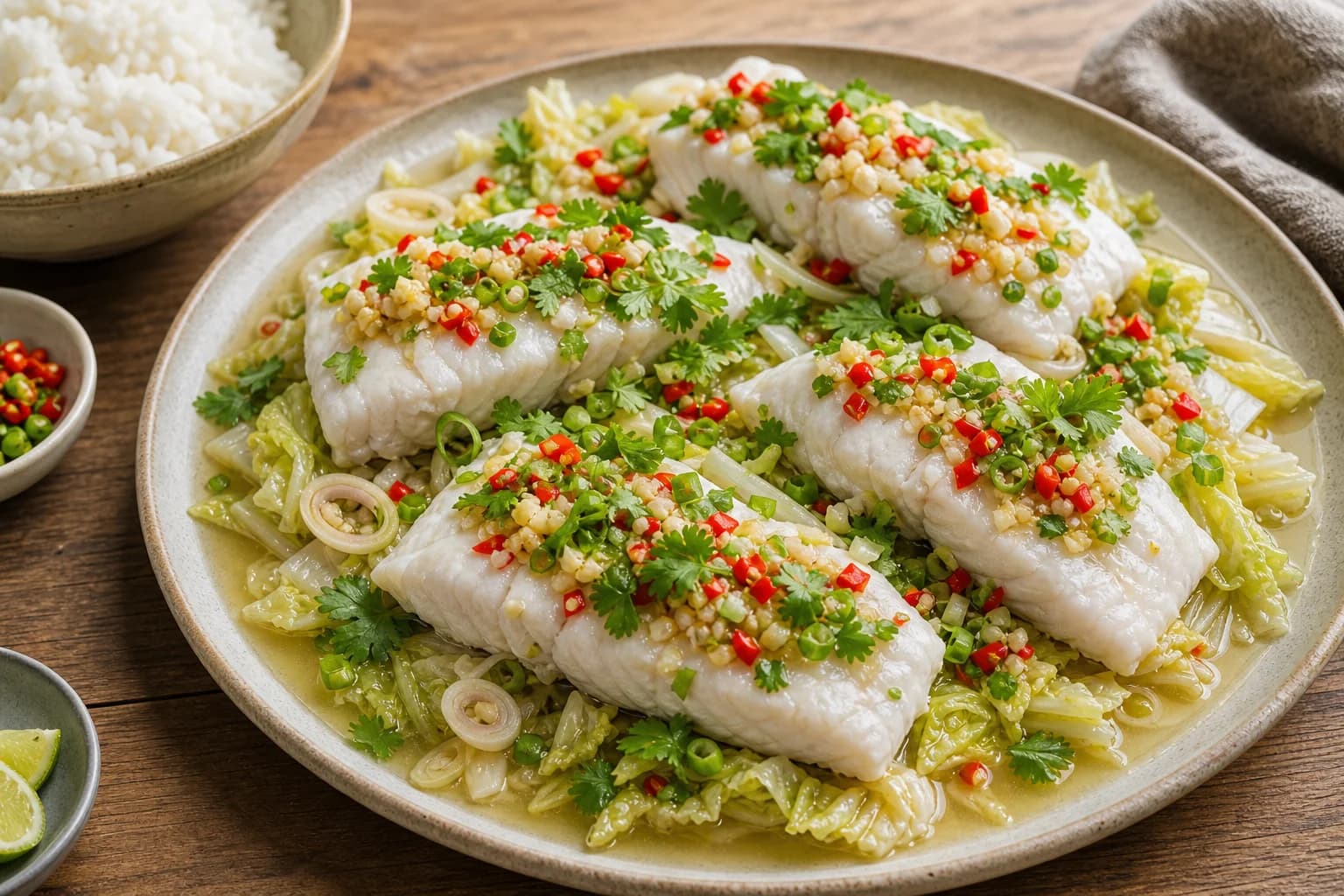 Thai steamed fish fillets with lime, garlic, chile, fish-sauce broth, cabbage, cilantro, scallions, and jasmine rice.