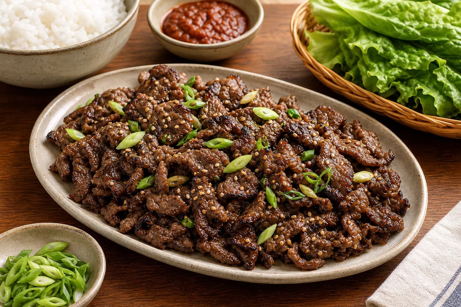 Korean bulgogi with thin caramelized beef, scallions, sesame seeds, rice, lettuce leaves, and ssamjang for wraps.