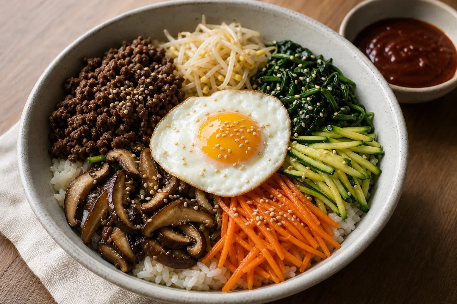 Korean bibimbap with rice, seasoned beef, bean sprouts, spinach, zucchini, carrots, mushrooms, fried egg, sesame, and gochujang sauce.