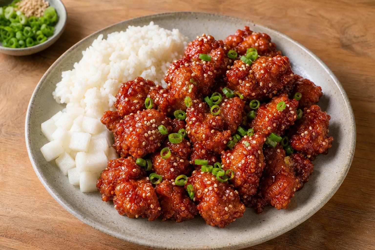 Korean dakgangjeong with craggy double-fried chicken bites in a thin glossy sweet-spicy glaze, sesame, scallions, rice, and pickled radish.