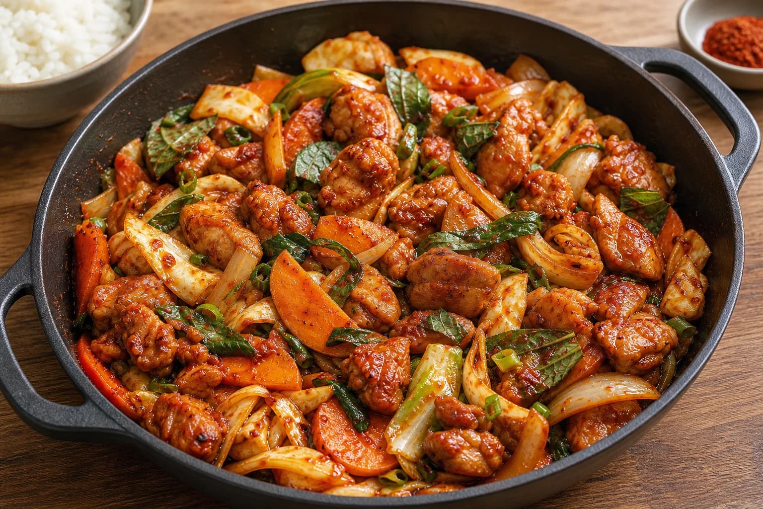 Korean dakgalbi with glossy spicy chicken, cabbage, sweet potato, onion, carrot, perilla, and scallions served from a wide skillet.