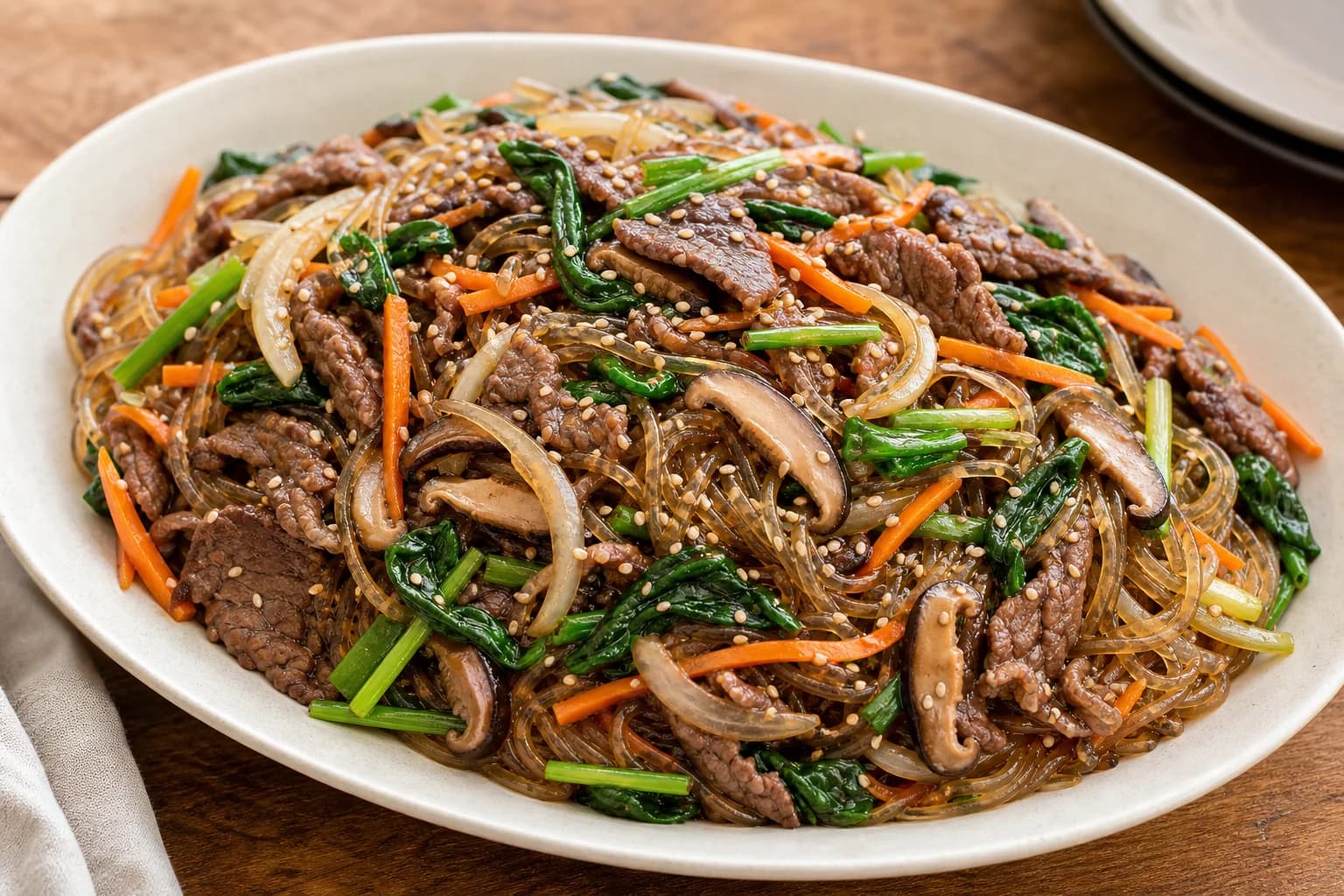 Korean japchae with glossy sweet-potato glass noodles, browned beef, spinach, carrots, mushrooms, onions, scallions, and sesame.