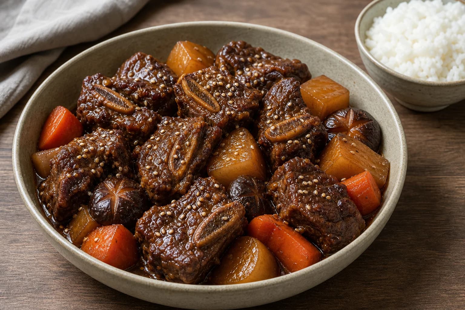Korean galbi jjim with glossy fork-tender beef short ribs, radish, carrots, shiitakes, sesame, and concentrated soy-pear glaze.