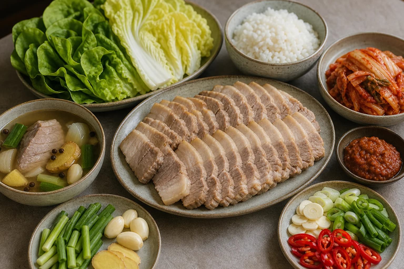 Korean bossam with neat tender pork-belly slices, lettuce and napa leaves, kimchi, rice, ssamjang, garlic, scallions, and chile.