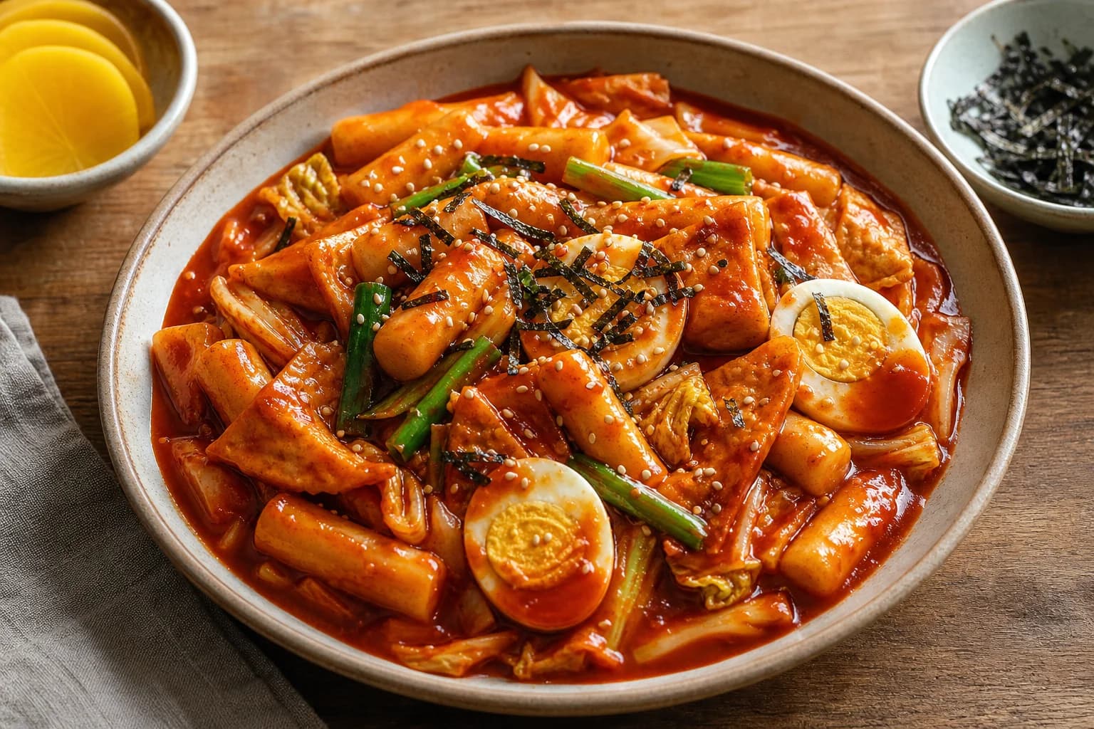 Korean tteokbokki with chewy cylindrical rice cakes, folded fish cakes, cabbage, boiled eggs, scallions, sesame, and gim in thick red sauce.