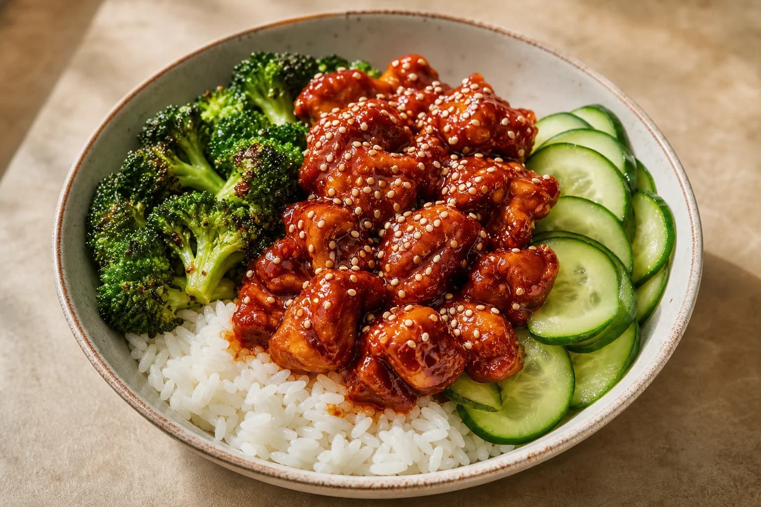 Single bowl of gochujang chicken rice: sticky red glazed chicken pieces topped with toasted sesame seeds over a bed of white rice, with charred broccoli florets on one side and thinly sliced cucumber on the other, photographed in natural light from a three-quarter overhead angle.