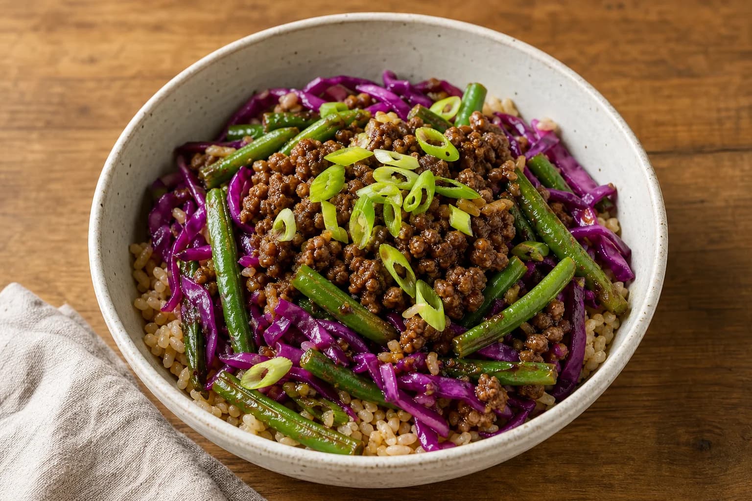 Bowl of sesame ginger beef bowl: brown rice base topped with seasoned ground beef, green beans, shredded red cabbage and sliced scallions on a wooden table.