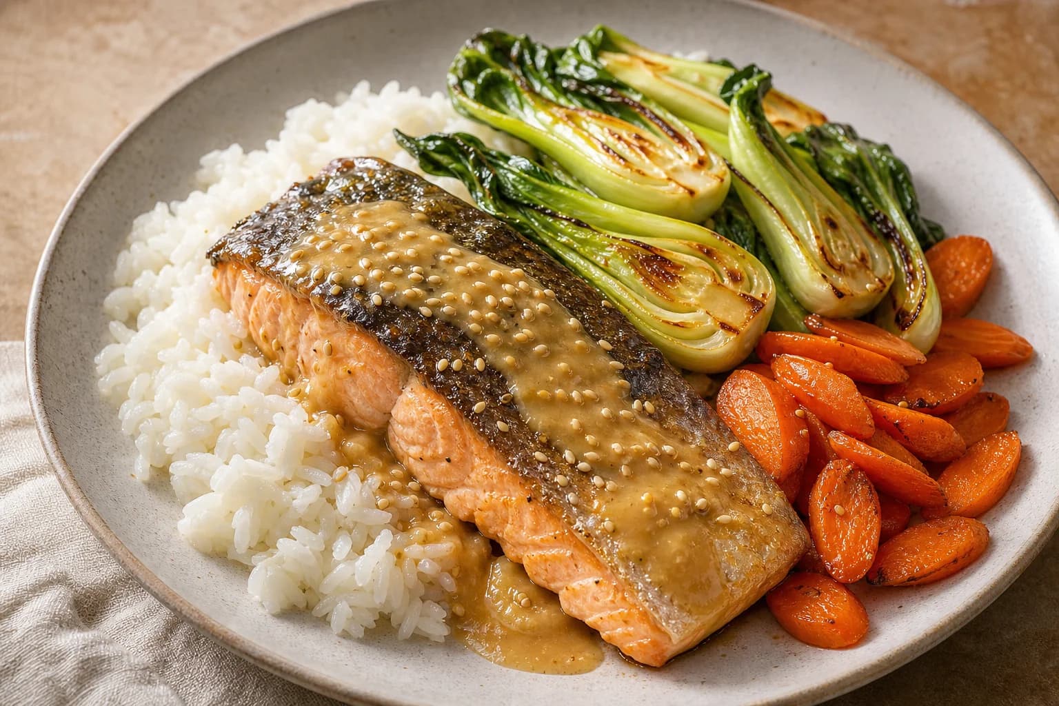 Plate with miso-glazed skin-on salmon fillet on a bed of fluffy rice, roasted baby bok choy halves and sliced roasted carrots, finished with toasted sesame seeds and a spooned miso sauce.