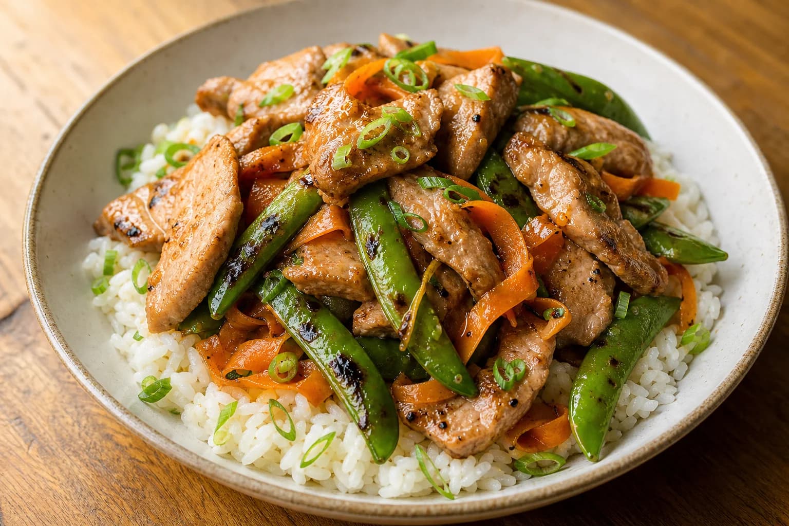 Bowl of scallion jasmine rice topped with glossy seared pork slices, charred sugar snap peas and shaved carrot ribbons, finished with thinly sliced scallions and a ponzu-like glaze.