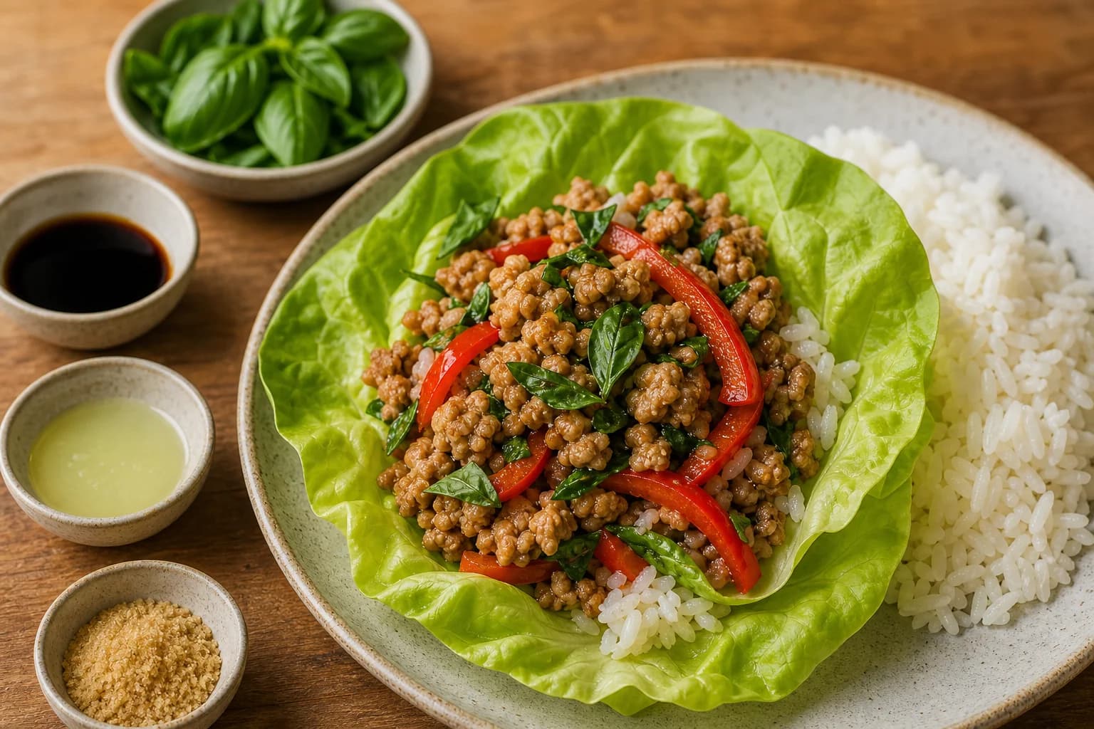 Single butter lettuce cup filled with seasoned ground turkey, sliced red bell pepper, and fresh basil leaves on a plate with jasmine rice alongside; small bowls of soy sauce, lime juice, brown sugar, and extra basil sit nearby on a wooden surface.