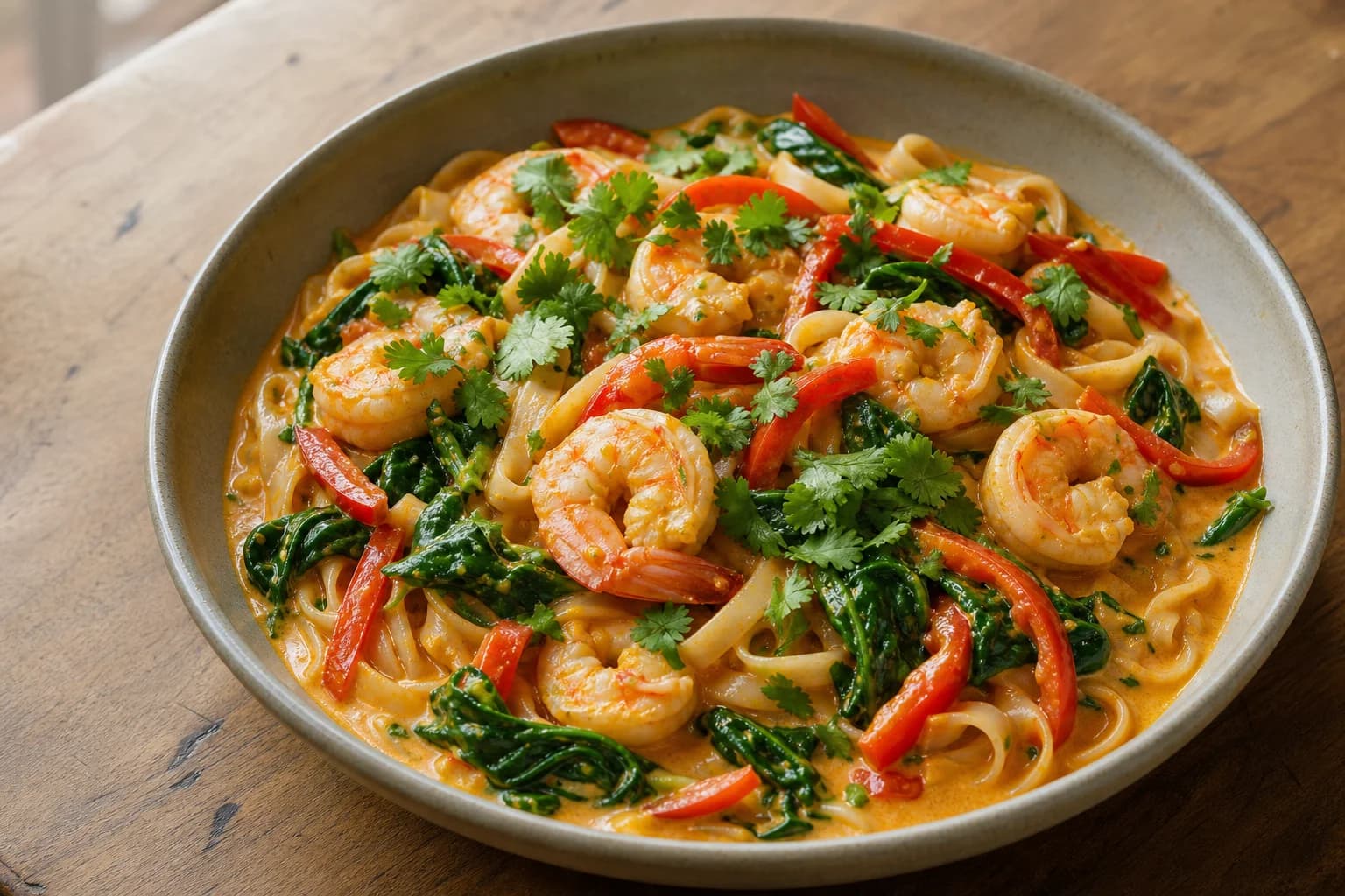 Bowl of coconut curry shrimp noodles with large shrimp, flat rice noodles, red bell pepper strips, wilted spinach and cilantro in a glossy orange coconut curry sauce on a wooden table.