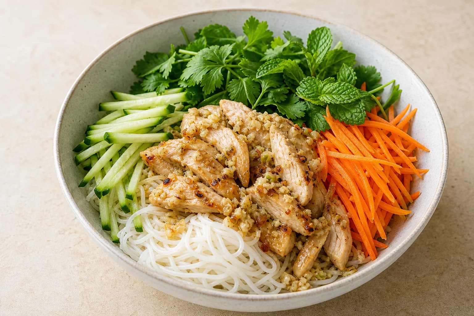 Single bowl of lemongrass chicken vermicelli: rice vermicelli noodles topped with sliced lemongrass-seasoned chicken, matchstick cucumbers and carrots, and fresh mint and cilantro, arranged in a modern ceramic bowl on a light surface.