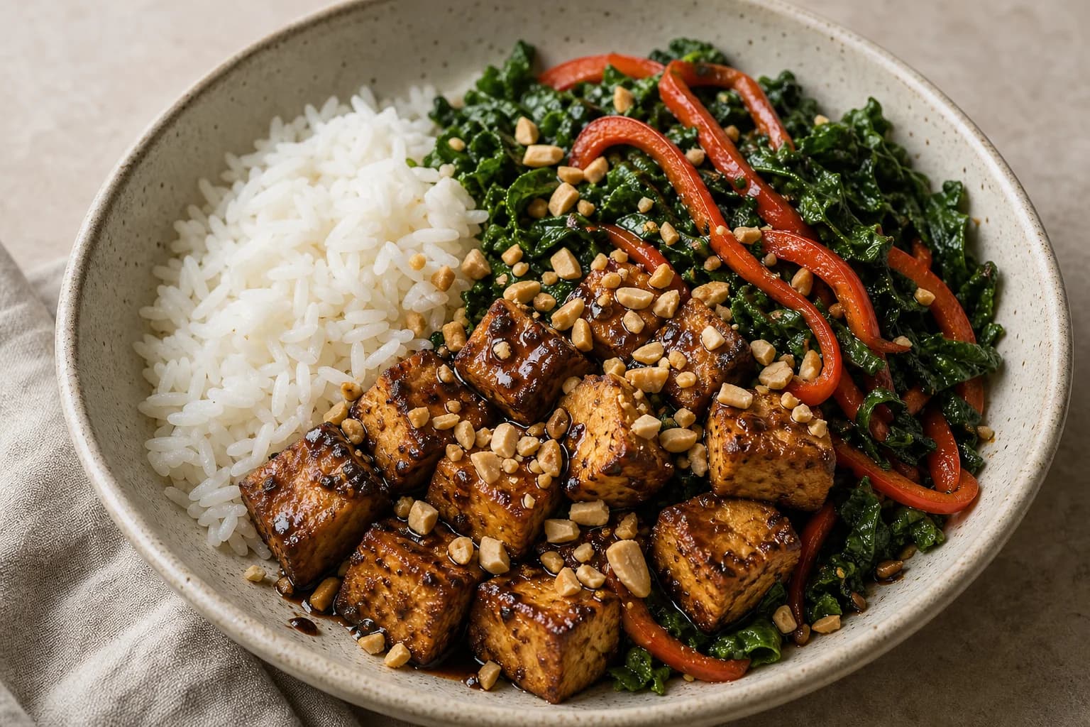 Bowl of coconut jasmine rice, caramelized sweet‑soy glazed tofu cubes, sautéed lacinato kale with thin red bell pepper strips, and chopped peanuts sprinkled on top.
