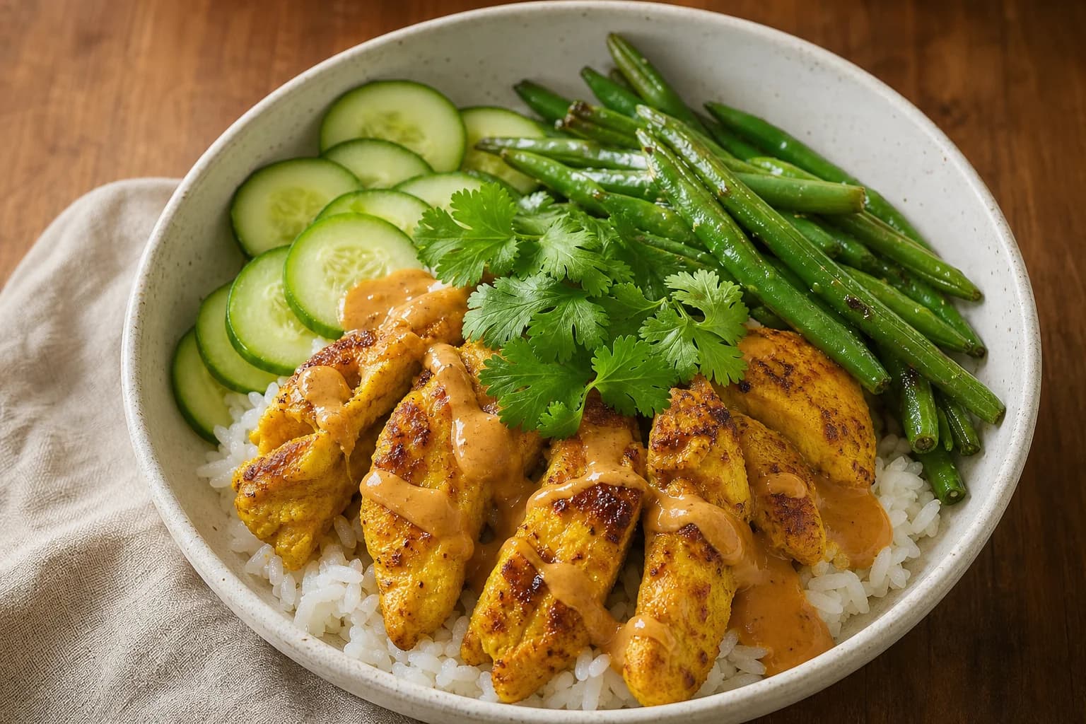 Three-quarter view of a single peanut chicken satay bowl: sliced turmeric chicken with peanut sauce over rice, sautéed green beans, thin cucumber slices, and a small bunch of cilantro in a ceramic bowl on a wooden surface.