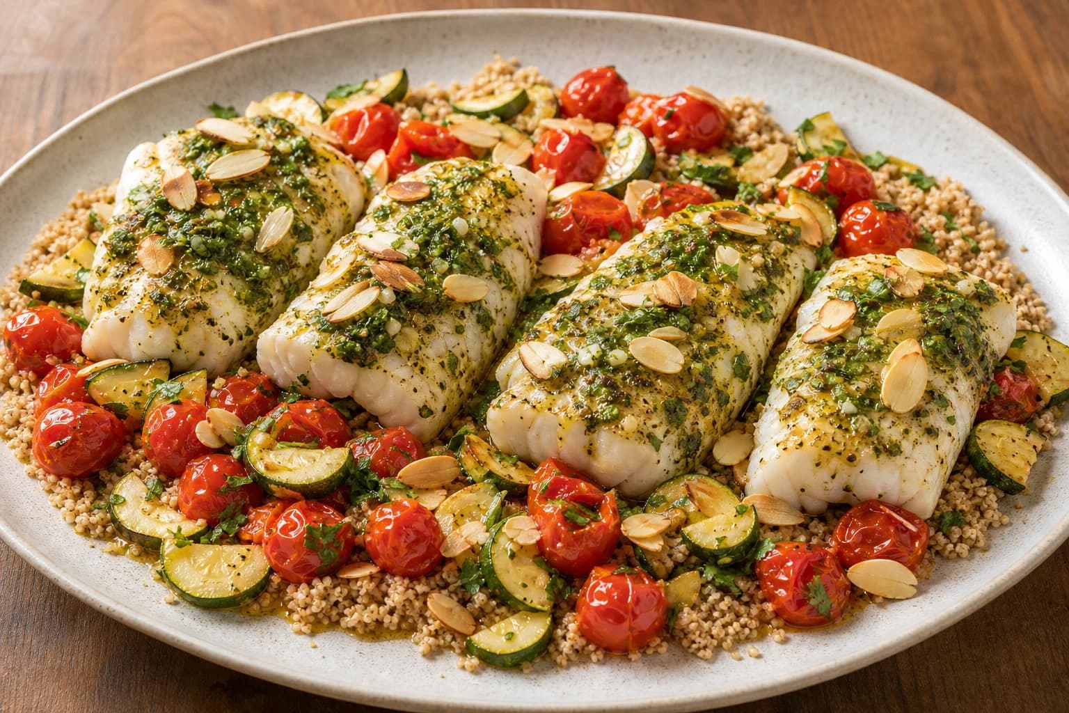 Large oval platter with four herby chermoula-topped cod fillets on a bed of whole-wheat couscous, surrounded by roasted cherry tomatoes, zucchini half-moons and toasted sliced almonds, finished with chopped herbs and a drizzle of oil.
